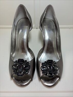 Style & Co. Metallic Silver Gem-Plaque Peep-Toe Heels